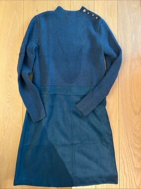Ann Taylor Teal Long-Sleeve Knit-Top Dress with Suede Skit & Shoulder Buttons
